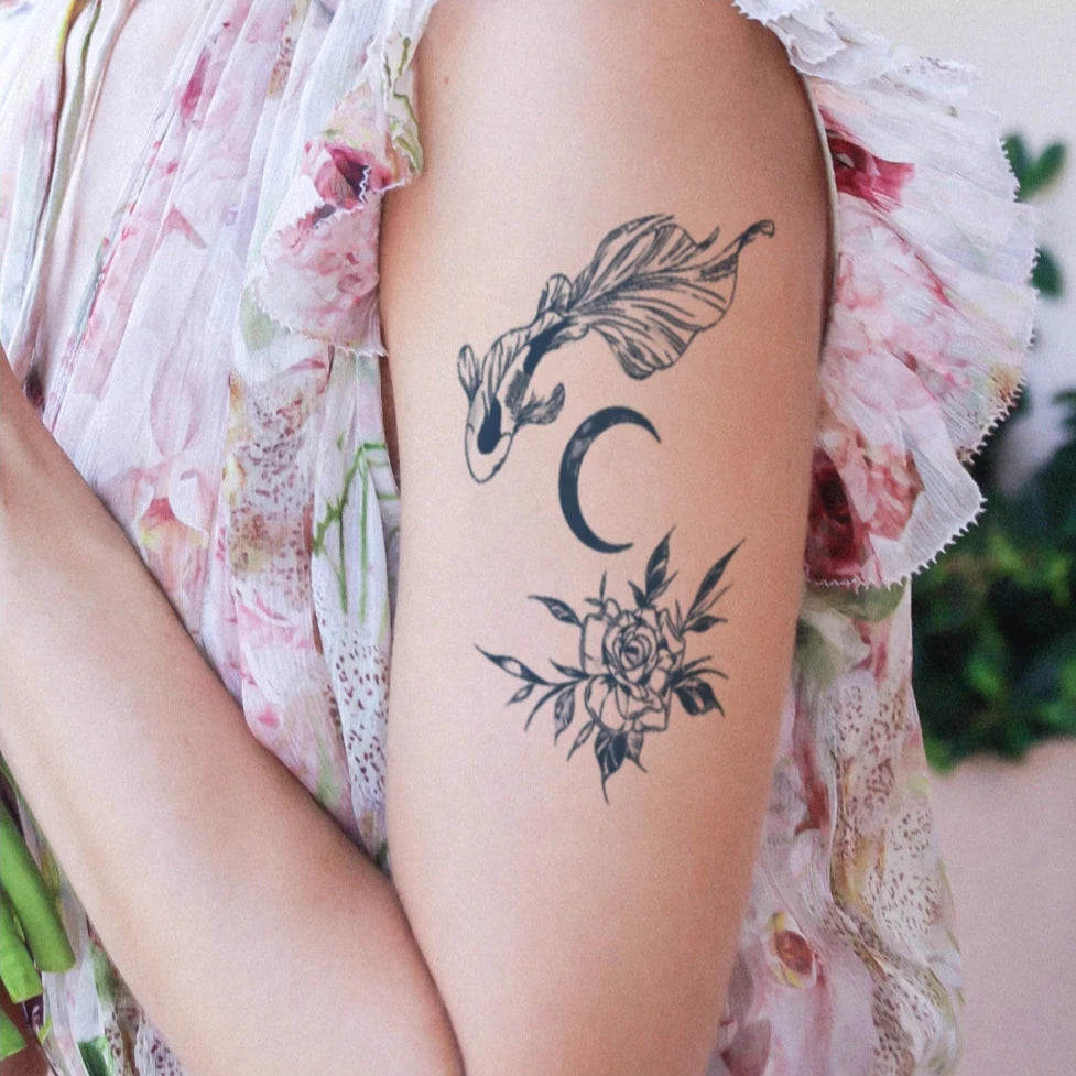 Fish, Moon and Rose Tattoo