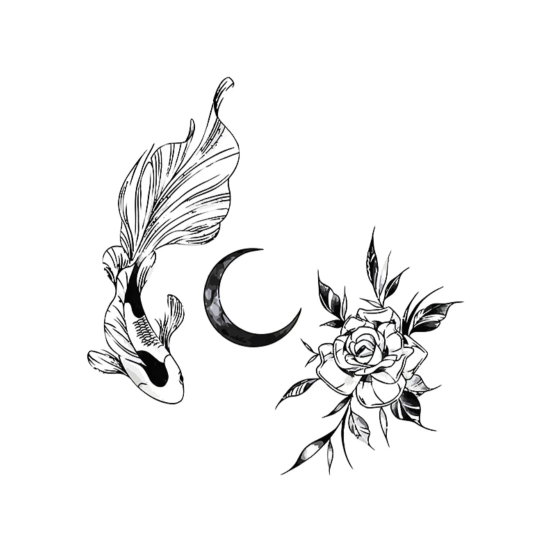 Fish, Moon and Rose Tattoo